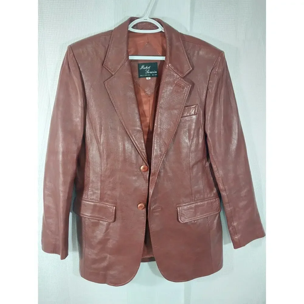 MICHEL SAZARIN! GORGEOUS BURGUNDY BROWN/RED GENUINE LEATHER JACKET BLAZER! SZ 42